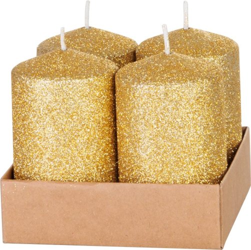 Sviečka MagicHome Vianoce, 4,8x8 cm, valcová, bal. 4 ks, zlatá, s glitrami, adventná