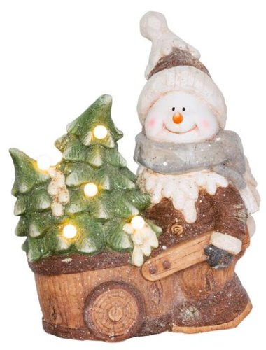 Božićni ukras MagicHome, Snjegović s kolicima, 6 LED dioda, 3xAA, keramika, 35x24x43 cm