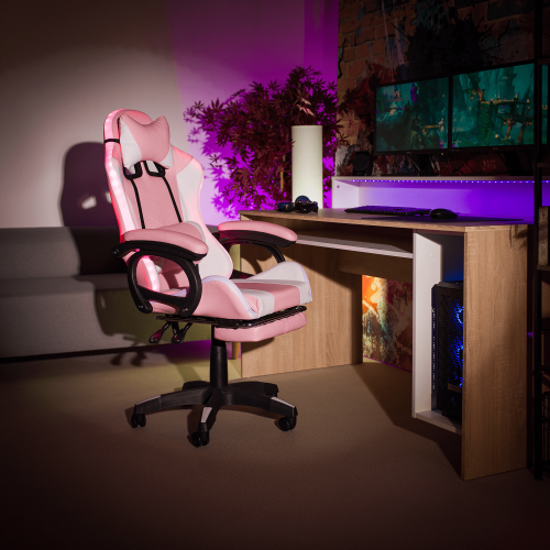 Fotel biurowy/gamingowy z podświetleniem LED RGB, różowo-biały, JOVELA