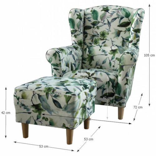 Fotel uszak ze stołkiem, tkanina w zielone liście, ASTRID
