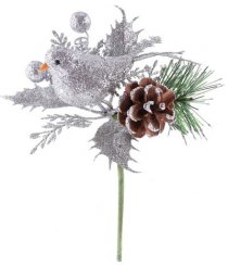 Větvička MagicHome Vánoce, s ptáčkem, stříbrná 17 cm, bal. 6 ks
