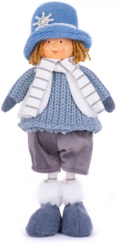 Świąteczna figurka MagicHome, Chłopiec w niebieskim kapeluszu, niebieski, tkanina, 16x10x36 cm
