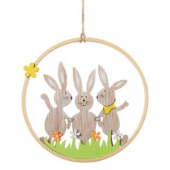 Inel de agățat ornament cu iepuri de câmp 15,5 cm lemn