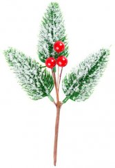 Vetvička MagicHome Vianoce, prírodná, s bobuľkami, zasnežená, 18 cm