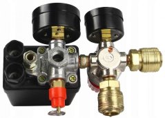Nyomáskapcsoló kompresszorhoz 0-5 bar, 230V, 2 kimenet 1/4" 2 nyomásmérővel, MAR-POL (akció)