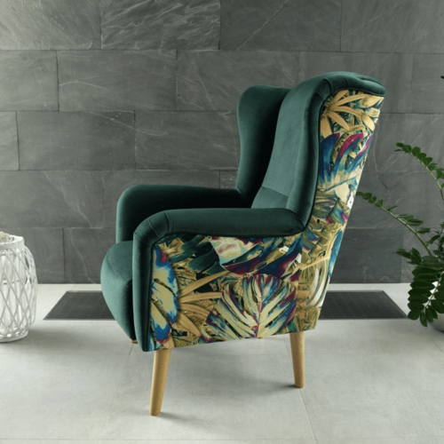 Designerski fotel, tkanina szmaragdowa/wzór dżungli, BELEK