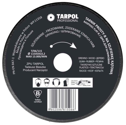 Rasp sarokcsiszolóhoz egyenes 115 x 3 x 22,2 mm alacsony fogú, TARPOL, T-06