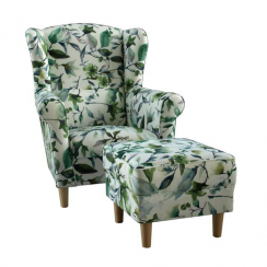 Krila stolica s tabureom, tkanina s uzorkom zelenog lišća, ASTRID