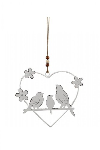 Ornament suspendat inimă cu păsări 20x17 cm metal alb