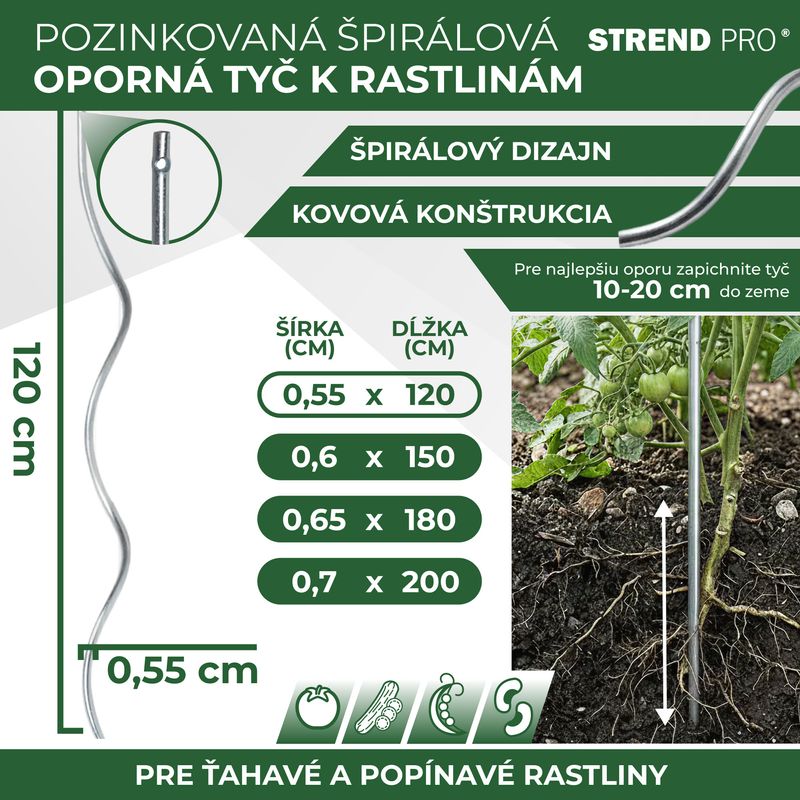 Tyč GS1 1200/5,5 mm, špirálová, drôtená, Zn, oporná k rastlinám a paradajkám
