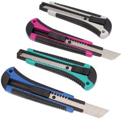 Brechmesser-Set 18 mm im Verkaufskarton, 24-tlg., mit Knopf, 4 Farben, XL-TOOLS