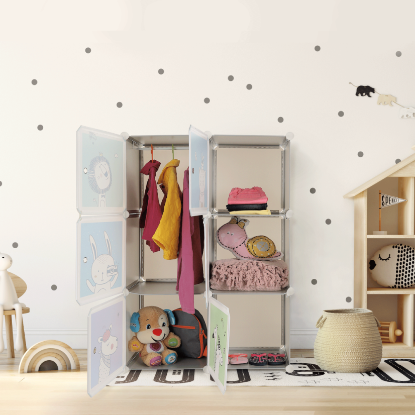 Modularer Kleiderschrank für Kinder, Grau/Kindermuster, BIARO - SALE