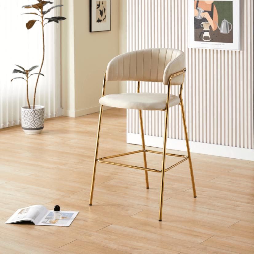 Designer Barhocker, beige Samtstoff/goldchrom, DASMIN TYP 2