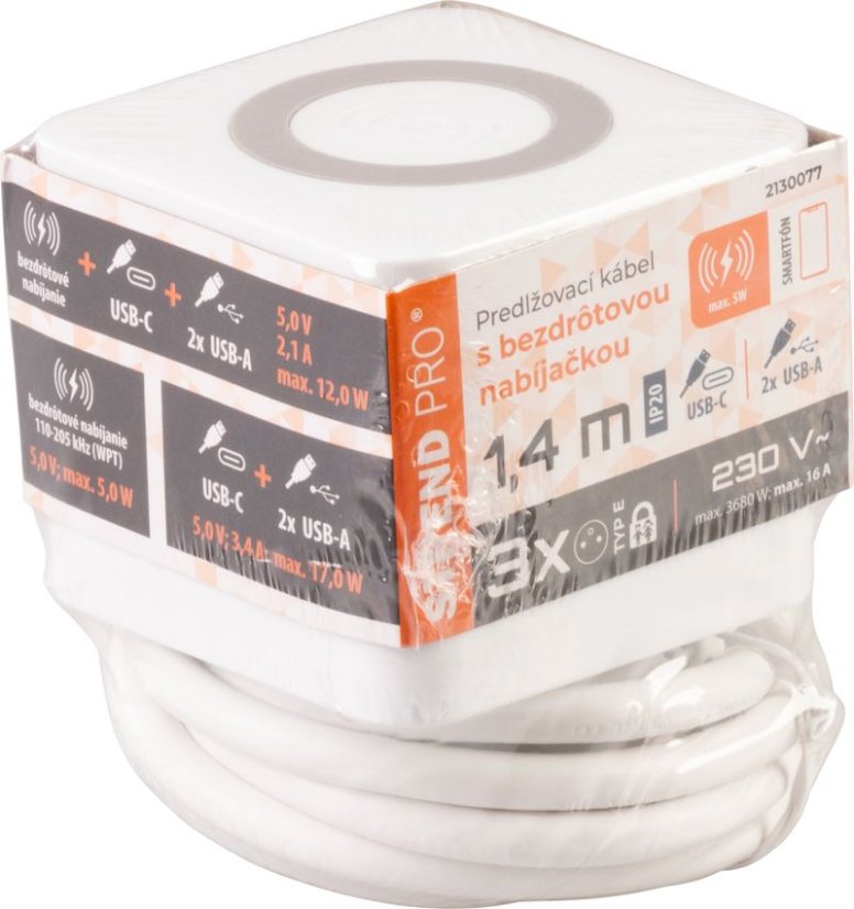 Gniazdo Strend Pro, kostka przedłużająca, USB A+C, ładowanie bezprzewodowe, 1,4 m