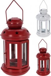 Świecznik herbaciany w formie latarni 11,5x11x20 cm, metaliczny kolor czerwony/biały
