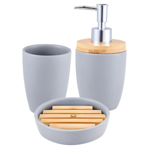 Kupaonski set 3-d, čaša+dozator za sapun+podloga za sapun, keramika, siva