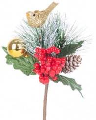 Větvička MagicHome Vánoce, s ptáčkem, červeno-zlatá, 16 cm, bal. 6 ks