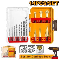 Burghiu metalic și burghie HSS cu trepte, set 14d, INGCO Industrial