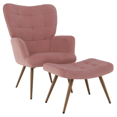 Sessel mit Fußhocker, rosa Samtstoff/Eiche, HABEN