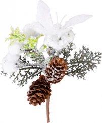 MagicHome božična vejica, s storži in trakom iz jute, bela, 15 cm, pak. 6 kos