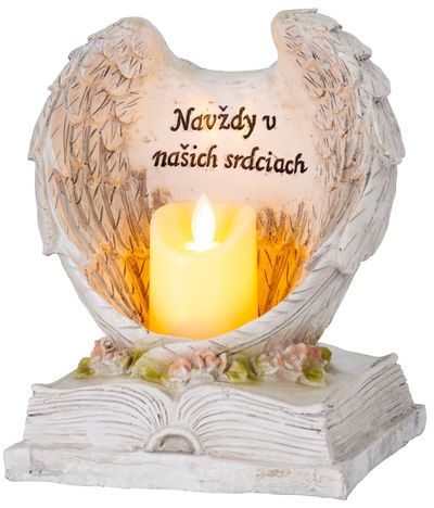 Dekorace MagicHome, Andělská křídla na knize se svíčkou, 1xLED, polyresin, na hrob, 18x13,5x20 cm