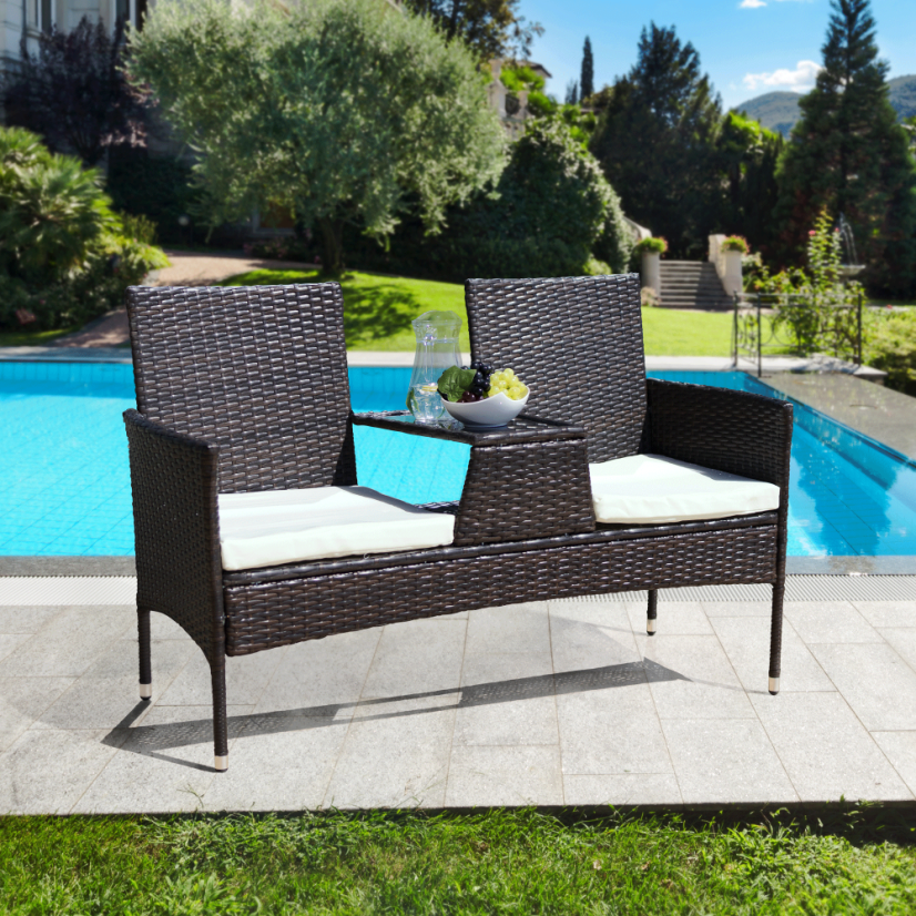 Gartenbank mit Tisch und Kissen, braun/creme, LALIT
