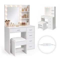 Sminkasztal tükörrel és LED-es világítással, polcokkal, fiókokkal és székkel – ModernHome (akce)