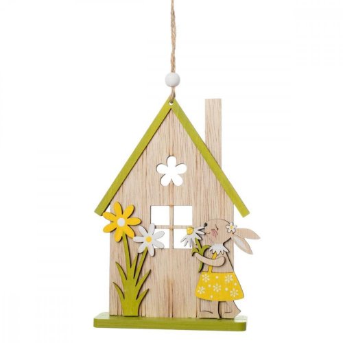 Ornament suspendat iepure cu casa 12x3x18 cm lemn