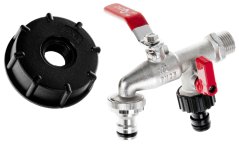 Metalni ventil za Mauserov spremnik od 1000 l, navoj od 1/2" do 3/4", dva izlaza za brzu spojnicu od 1/2"