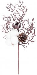 MagicHome Świąteczna gałązka, z bawełną i szyszką, 30 cm