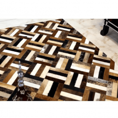 Luxusní kožený koberec, hnědá/černá/béžová, patchwork, 70x140, KŮŽE TYP 2