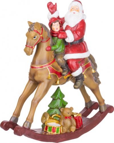 Dekorace MagicHome Vánoce, Santa s chlapečkem na koni, polyresin, 28x10x30 cm