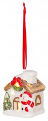 Božićni ukras MagicHome, Kuća sa snjegovićem, LED, terakota, viseća, 5,8x5x7 cm