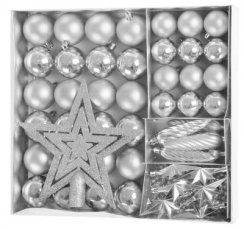 MagicHome božićne kuglice, set, 50 kom, 4-5 cm, srebrne, zvijezda, girlanda, stožac, za božićno drvce