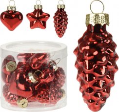 Függő dekorációs kúp/csillag/szív készlet 12 üvegből piros