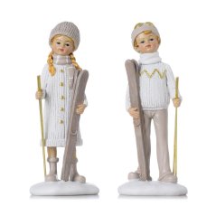 Figura djeteta sa skijama 6,5x4,5x16,5 cm poliresin bijela