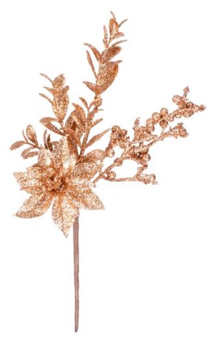 Větvička MagicHome Vánoce, s květem poinsettia a bobulkami, zlatá, 24 cm