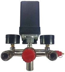 Nyomáskapcsoló kompresszorhoz, 6-8 bar, 400V, 2 kivezetés 1/4" nyomásmérővel, MAR-POL