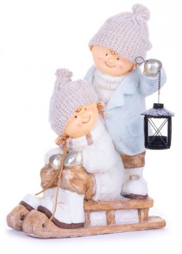 Figurka świąteczna MagicHome Chłopiec i dziewczynka na saniach, ceramiczna, 34x24x46,5 cm