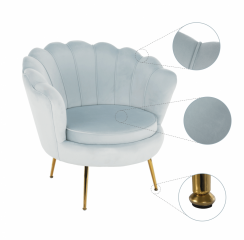 Fotel w stylu Art-deco, szaroniebieski Tkanina aksamitna/złoty chrom-złoty, NOBLIN - WYPRZEDAŻ