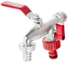 Doppelventil 1/2", Gewinde 3/4" mit Ende für 1/2" Schlauch und 1/2" Schnellkupplung, GEKO