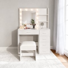 Sminkasztal tükörrel és LED-es világítással, polcokkal, fiókokkal és székkel – ModernHome (akce)