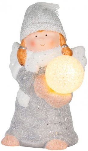 MagicHome Božićna figura, Anđeo sa snježnom kuglom, LED, terakota, 13,5x13x20 cm