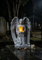 Dekoracja MagicHome, Anioł z krzyżem, LED, poliresin, na grób, solarna, 23,5x19,5x30,5 cm