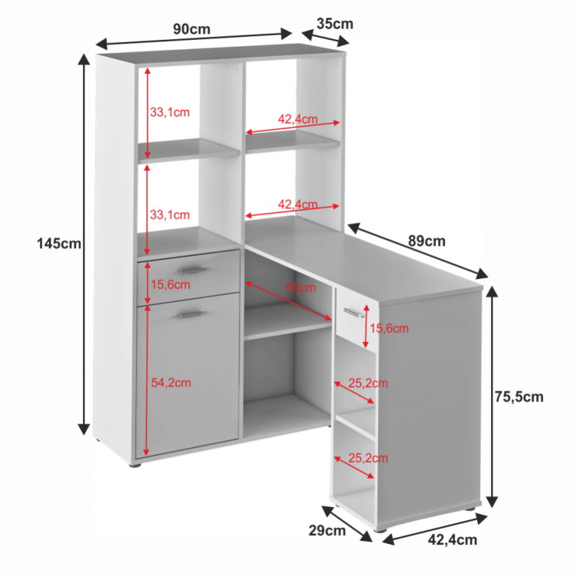 Eck-PC-Tisch mit Ablage, weiß, MINESON