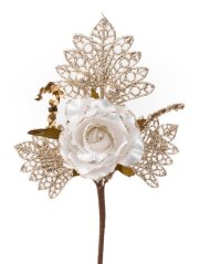 MagicHome Weihnachtszweig, mit Rose, Weiß - Gold, 26 cm, Packung. 6 Stk