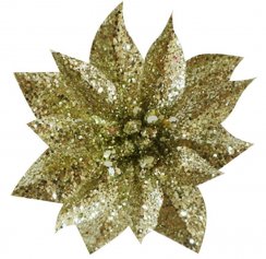 Flower MagicHome Christmas GlitterPoinsettia, cu ciupit, auriu, dimensiune flori: 9 cm, lungime flori: 8 cm, 6 buc.