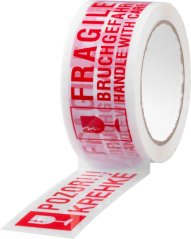 Bandă Strend Pro, 50 mm, L-66 m, adezivă, avertizare, "CAUTION CRAGILE/FRAGILE"