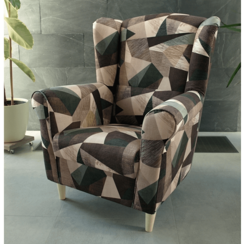 Fotelja, tkanina smeđe-zeleni uzorak, CHARLOT