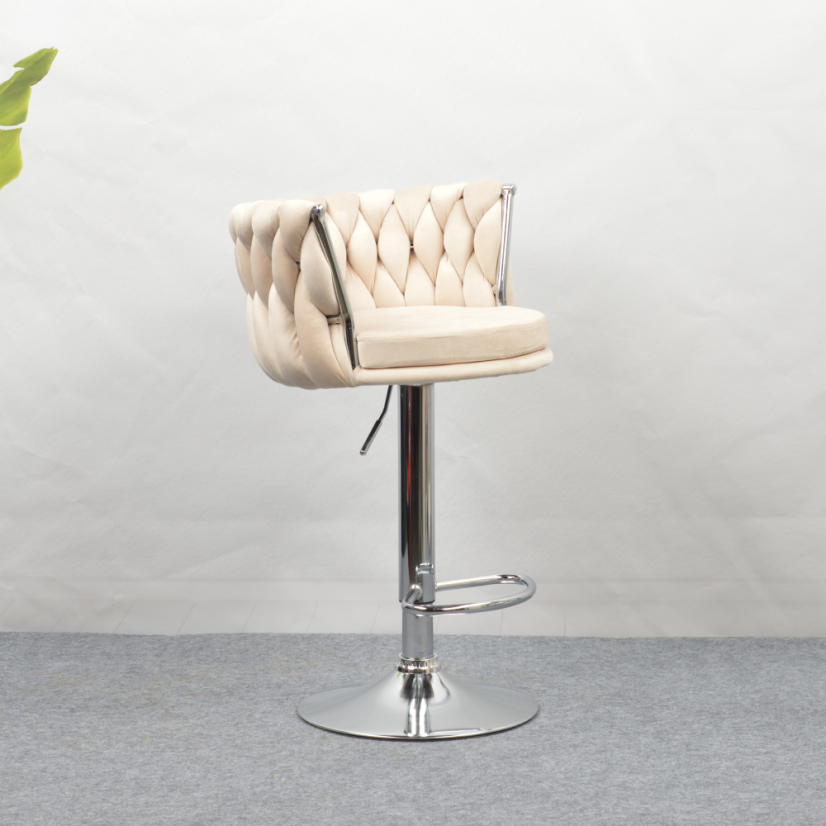 Designer Barhocker, beige Samtstoff/Chrom, BRIN (akce)